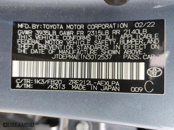 2022 Toyota Corolla LE with VIN JTDEPMAE1N3012537, listed as a Copart auction lot 50564265 with 18,310 mi miles and Salvage Title. Bid and sale history available at carsss.com. Image 13.
