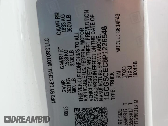 2023 Chevrolet Colorado 2WD LT with VIN 1GCGSCEC8P1226546, listed as a Copart auction lot 58363905 with 25,435 mi miles and Salvage title. Bid and sale history available at DreamBid. Image 12.