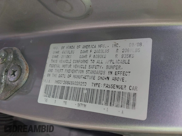 2009 Honda Accord EX-L z VIN 1HGCP26849A028250, wystawiony jako IAAI lot #42149706 z przebiegiem 191 294 mil mil oraz . Historia ofert i sprzedaży dostępna na DreamBid. Obrazek 9.