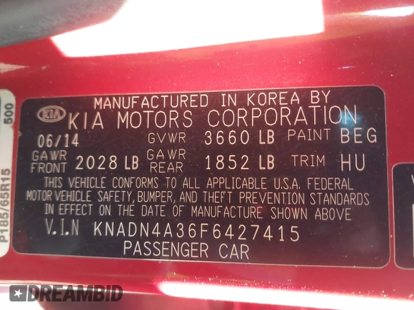 2015 Kia Rio EX with VIN KNADN4A36F6427415, listed as a IAAI auction lot 41671078 with 137,013 mi miles. Bid and sale history available at carsss.com. Image 9.