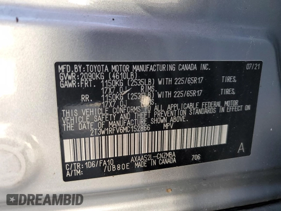 2021 Toyota RAV4 XLE with VIN 2T3W1RFV6MC152866, listed as a Copart auction lot 53529645 with 0 mi miles and Salvage Title. Bid and sale history available at carsss.com. Image 13.