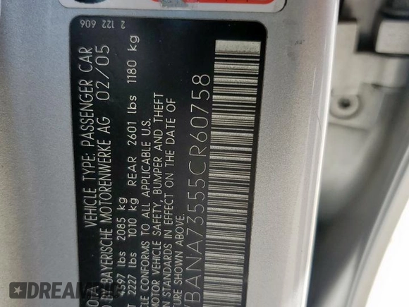 2005 BMW 5 Series 530i z VIN WBANA73555CR60758, wystawiony jako Copart lot #53466525 z przebiegiem 188 703 mil mil oraz Szkoda całkowita • Salvage title. Historia ofert i sprzedaży dostępna na DreamBid. Obrazek 14.