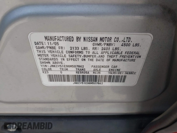 2006 Infiniti G35 with VIN JNKCV51E96M507842, listed as a IAAI auction lot 42181294 with 191,253 mi miles and . Bid and sale history available at DreamBid. Image 9.