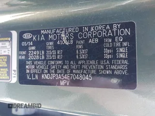 2014 Kia Soul + with VIN KNDJP3A54E7048045, listed as a IAAI auction lot 41676398 with 109,196 mi miles and . Bid and sale history available at DreamBid. Image 9.