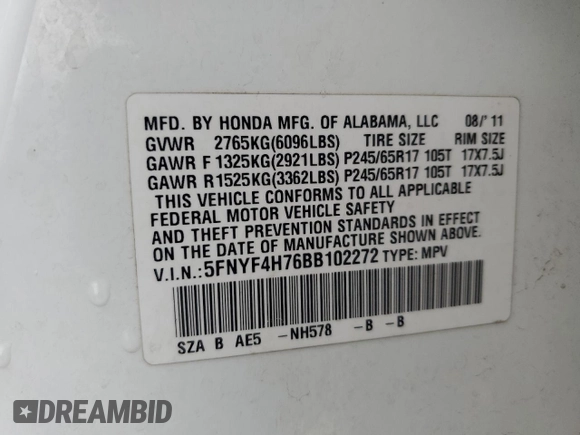 2011 Honda Pilot EX-L with VIN 5FNYF4H76BB102272, listed as a Copart auction lot 60325085 with 274,662 mi miles and Salvage title. Bid and sale history available at DreamBid. Image 13.