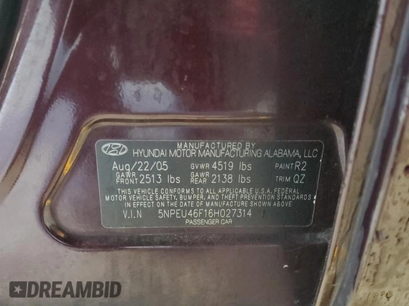 2006 Hyundai Sonata GLS with VIN 5NPEU46F16H027314, listed as a Copart auction lot 52328205 with 144,038 mi miles and Salvage Title. Bid and sale history available at DreamBid. Image 13.
