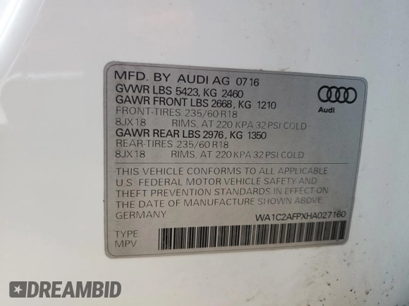 2017 Audi Q5 Premium with VIN WA1C2AFPXHA027160, listed as a Copart auction lot 44220035 with 128,233 mi miles and Salvage title. Bid and sale history available at DreamBid. Image 16.