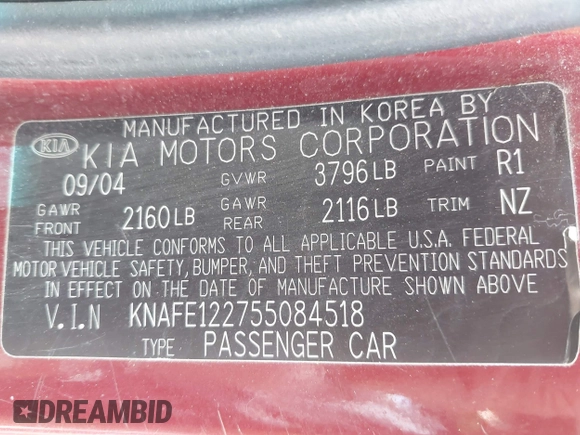 2005 Kia Spectra LX z VIN KNAFE122755084518, wystawiony jako IAAI lot #42249090 z przebiegiem 147 174 mil mil oraz . Historia ofert i sprzedaży dostępna na DreamBid. Obrazek 9.