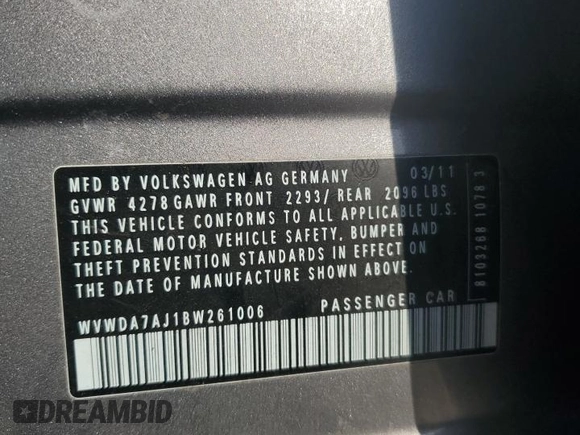 2011 Volkswagen Golf with VIN WVWDA7AJ1BW261006, listed as a Copart auction lot 56960695 with Not provided miles and Salvage title. Bid and sale history available at DreamBid. Image 12.