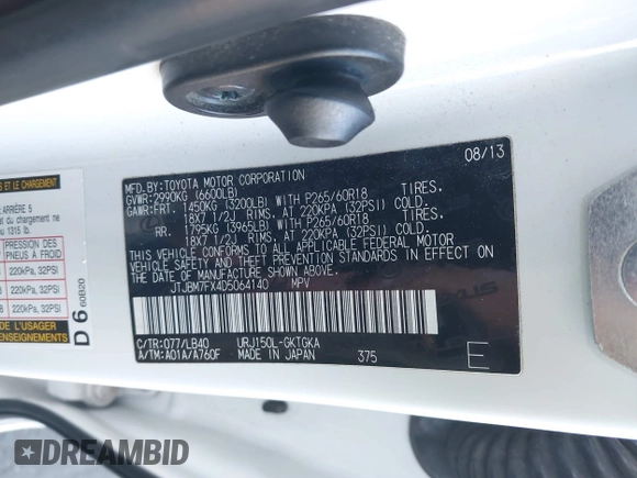 2013 Lexus GX 460 with VIN JTJBM7FX4D5064140, listed as a IAAI auction lot 41626551 with 147,028 mi miles and . Bid and sale history available at DreamBid. Image 9.