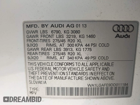 2013 Audi Q7 Premium Plus with VIN WA1LGAFE9DD011184, listed as a IAAI auction lot 42097346 with 148,786 mi miles and . Bid and sale history available at DreamBid. Image 9.