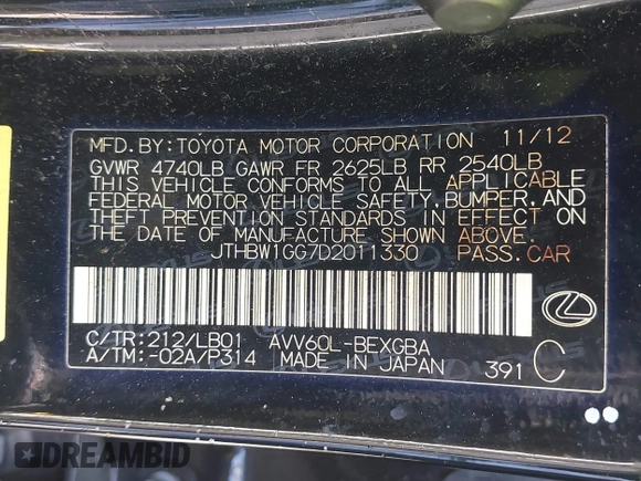 2013 Lexus ES 300h with VIN JTHBW1GG7D2011330, listed as a IAAI auction lot 42036591 with 121,135 mi miles and . Bid and sale history available at DreamBid. Image 9.