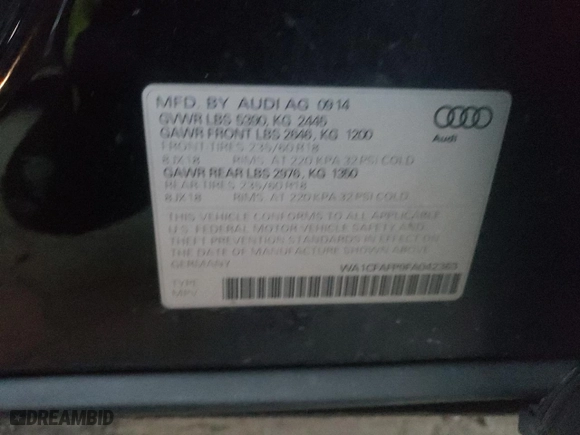 2015 Audi Q5 Premium with VIN WA1CFAFP9FA042363, listed as a Copart auction lot 85028394 with 163,283 mi miles and Clean Title. Bid and sale history available at carsss.com. Image 12.