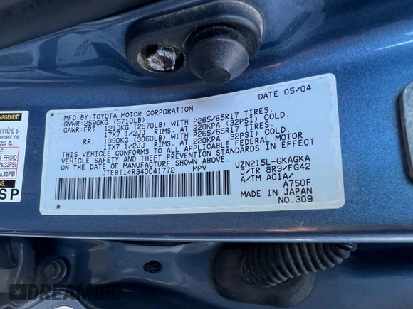 2004 Toyota 4Runner SR5 with VIN JTEBT14R340041772, listed as a Copart auction lot 54595695 with 210,561 mi miles and Clean Title. Bid and sale history available at DreamBid. Image 10.