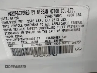2020 Infiniti Q50 Pure with VIN JN1EV7AP6LM207147, listed as a IAAI auction lot 41793447 with 78,580 mi miles and . Bid and sale history available at carsss.com. Image 9.