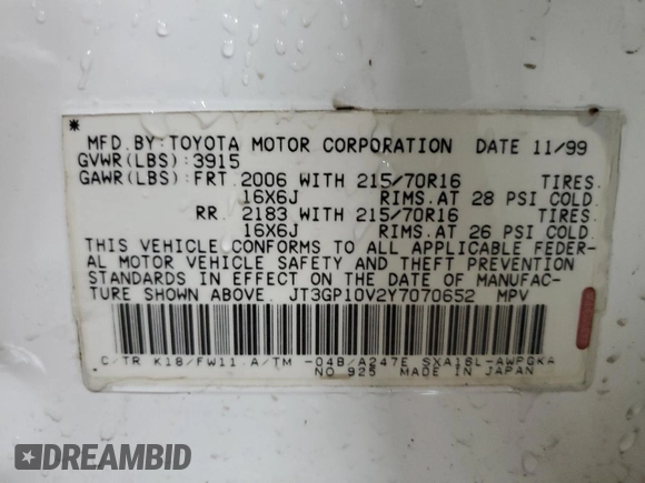 2000 Toyota RAV4 with VIN JT3GP10V2Y7070652, listed as a Copart auction lot 59151205 with 65,285 mi miles and Clean title. Bid and sale history available at DreamBid. Image 13.