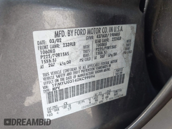 2002 Ford Escape XLT Choice with VIN 1FMYU03142KC99894, listed as a IAAI auction lot 42506225 with 108,621 mi miles and . Bid and sale history available at DreamBid. Image 9.