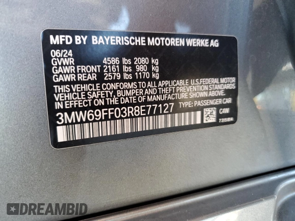 2024 BMW 3 Series 330i with VIN 3MW69FF03R8E77127, listed as a Copart auction lot 43403795 with 0 mi miles and Salvage Title. Bid and sale history available at carsss.com. Image 12.