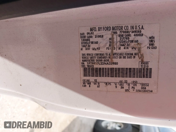 2002 Ford F-150 XL with VIN 1FTPF17L22NA33980, listed as a IAAI auction lot 41968252 with Not provided miles and . Bid and sale history available at DreamBid. Image 9.