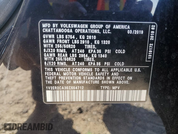2019 Volkswagen Atlas SEL с VIN 1V2ER2CA3KC554712, выставлен на аукционе Copart как лот 85700544 с пробегом 50 400 миль миль и Списание • Salvage title. История ставок и продаж доступна на DreamBid. Изображение 14.