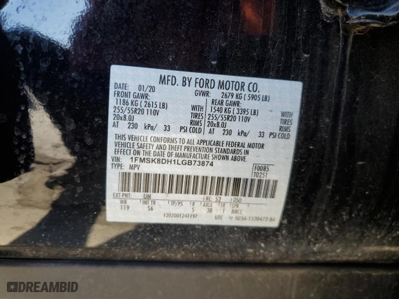 2020 Ford Explorer XLT with VIN 1FMSK8DH1LGB73874, listed as a Copart auction lot 46253455 with 71,621 mi miles and Salvage Title. Bid and sale history available at carsss.com. Image 15.