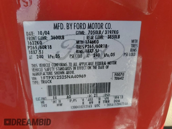 2005 Ford F-150 XLT with VIN 1FTPX12525NA40969, listed as a Copart auction lot 42563695 with 92,536 mi miles and Salvage Title. Bid and sale history available at carsss.com. Image 12.