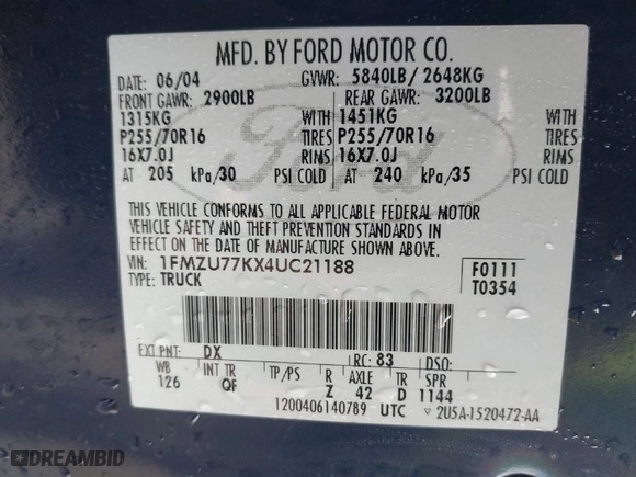 2004 Ford Explorer Sport Trac XLS with VIN 1FMZU77KX4UC21188, listed as a IAAI auction lot 41135185 with 194,607 mi miles. Bid and sale history available at carsss.com. Image 9.