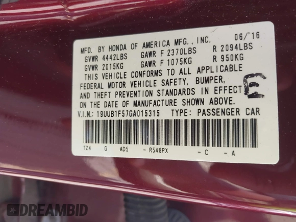 2016 Acura TLX Technology with VIN 19UUB1F57GA015315, listed as a IAAI auction lot 42438225 with 268,004 mi miles and . Bid and sale history available at DreamBid. Image 9.