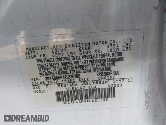 2010 Nissan Sentra S with VIN 3N1AB6AP4AL625702, listed as a IAAI auction lot 42055782 with 80,429 mi miles and . Bid and sale history available at carsss.com. Image 9.