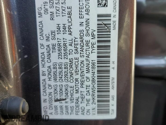 2019 Honda CR-V LX with VIN 2HKRW5H38KH418961, listed as a Copart auction lot 50594165 with 81,425 mi miles and Salvage Title. Bid and sale history available at DreamBid. Image 14.