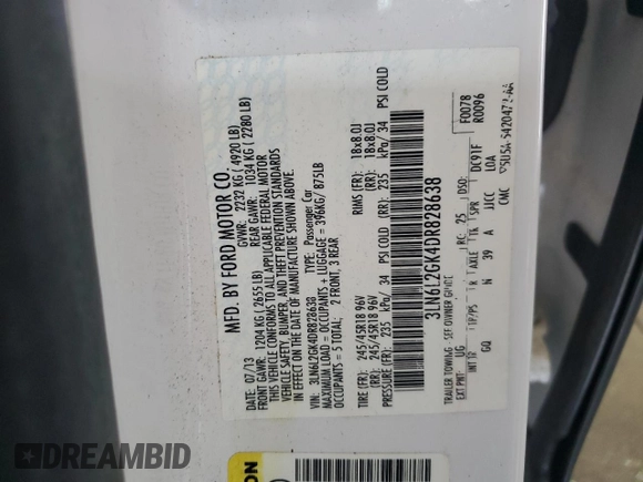 2013 Lincoln MKZ with VIN 3LN6L2GK4DR828638, listed as a Copart auction lot 55930395 with 125,924 mi miles and Salvage title. Bid and sale history available at DreamBid. Image 13.