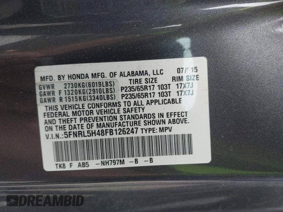 2015 Honda Odyssey EX with VIN 5FNRL5H48FB126247, listed as a IAAI auction lot 42836412 with 54,548 mi miles and . Bid and sale history available at DreamBid. Image 9.