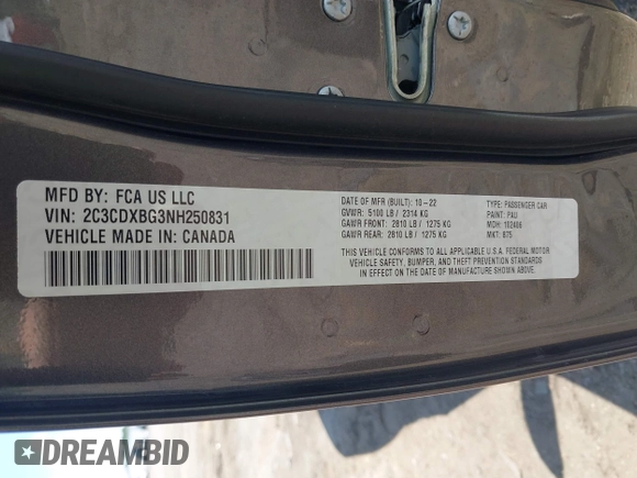 2022 Dodge Charger SXT with VIN 2C3CDXBG3NH250831, listed as a IAAI auction lot 42249273 with Not Provided miles and . Bid and sale history available at DreamBid. Image 9.