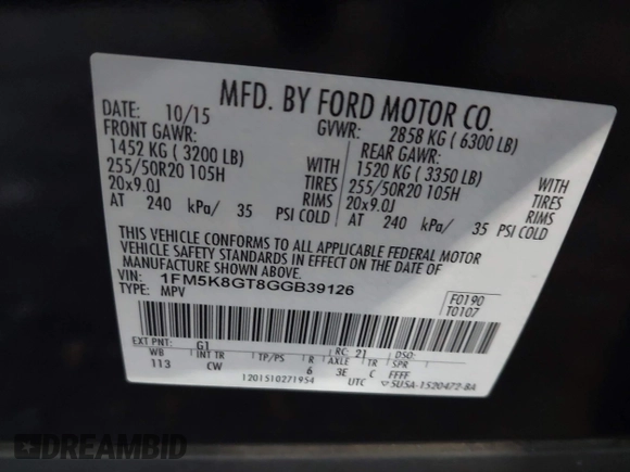 2016 Ford Explorer Sport with VIN 1FM5K8GT8GGB39126, listed as a IAAI auction lot 42543200 with 135,903 mi miles and . Bid and sale history available at DreamBid. Image 9.