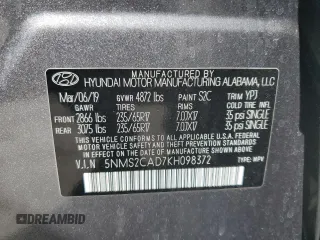 2019 Hyundai Santa Fe SE with VIN 5NMS2CAD7KH098372, listed as a Copart auction lot 50815165 with 92,377 mi miles and Non Repairable. Bid and sale history available at DreamBid. Image 13.