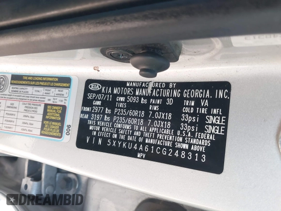 2012 Kia Sorento EX with VIN 5XYKU4A61CG248313, listed as a IAAI auction lot 41045751 with 164,192 mi miles. Bid and sale history available at carsss.com. Image 9.