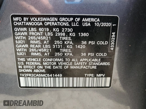 2021 Volkswagen Atlas SEL Premium R-Line with VIN 1V2FR2CA5MC541449, listed as a Copart auction lot 62304135 with 58,269 mi miles and Salvage title. Bid and sale history available at DreamBid. Image 14.