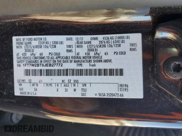 2018 Ford F-250 XL с VIN 1FT7W2BT0JEB27772, выставлен на аукционе Copart как лот 46932235 с пробегом 366 763 миль миль и Списание • Salvage title. История ставок и продаж доступна на DreamBid. Изображение 12.