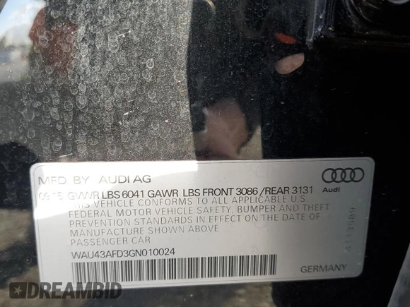 2016 Audi A8 Sport with VIN WAU43AFD3GN010024, listed as a Copart auction lot 47656285 with 88,264 mi miles and Salvage title. Bid and sale history available at DreamBid. Image 12.