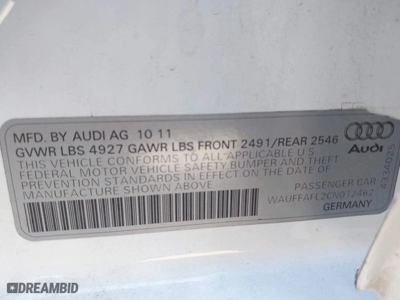 2012 Audi A4 2.0T Premium Plus with VIN WAUFFAFL2CN012462, listed as a IAAI auction lot 42084553 with 113,271 mi miles. Bid and sale history available at carsss.com. Image 9.