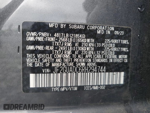 2024 Subaru Crosstrek Premium with VIN JF2GUADC6RH294744, listed as a Copart auction lot 55848795 with 8,611 mi miles and Salvage title. Bid and sale history available at DreamBid. Image 12.