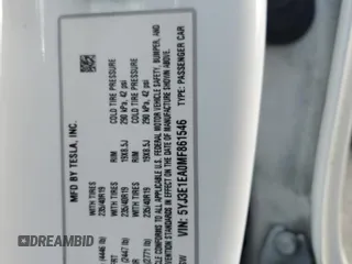 2021 Tesla Model 3 Standard Range Plus with VIN 5YJ3E1EA0MF861546, listed as a Copart auction lot 51014875 with 43,011 mi miles and Salvage Title. Bid and sale history available at DreamBid. Image 15.