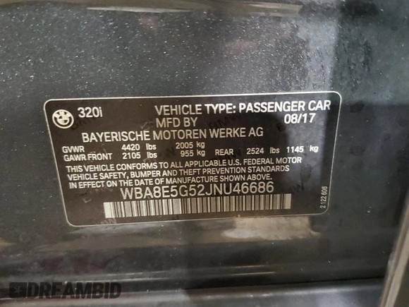 2018 BMW 3 Series 320i xDrive with VIN WBA8E5G52JNU46686, listed as a Copart auction lot 81999984 with 121,394 mi miles and Salvage Title. Bid and sale history available at carsss.com. Image 12.