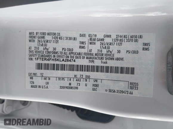 2019 Ford Ranger XL с VIN 1FTER4FH5KLA28474, выставлен на аукционе IAAI как лот 41980525 с пробегом 94 201 миль миль и . История ставок и продаж доступна на DreamBid. Изображение 9.