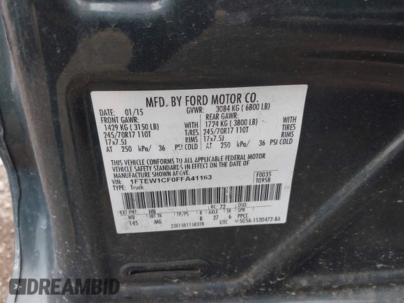 2015 Ford F-150 XL с VIN 1FTEW1CF0FFA41163, выставлен на аукционе IAAI как лот 42114327 с пробегом 86 501 миль миль и . История ставок и продаж доступна на DreamBid. Изображение 9.