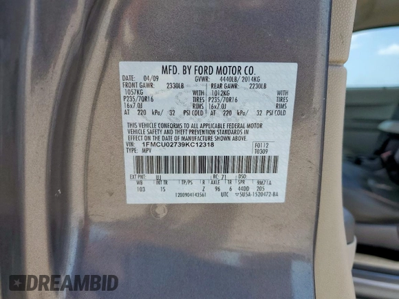 2009 Ford Escape XLS with VIN 1FMCU02739KC12318, listed as a Copart auction lot 61251485 with 179,335 mi miles and Salvage title. Bid and sale history available at DreamBid. Image 13.