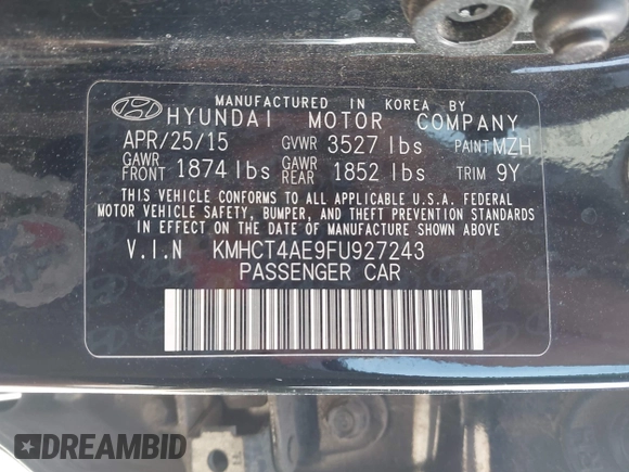 2015 Hyundai Accent GLS with VIN KMHCT4AE9FU927243, listed as a IAAI auction lot 42269151 with 126,805 mi miles and . Bid and sale history available at DreamBid. Image 9.