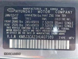 2017 Hyundai Tucson Sport with VIN KM8J3CA21HU407189, listed as a IAAI auction lot 42090562 with 113,618 mi miles. Bid and sale history available at carsss.com. Image 9.
