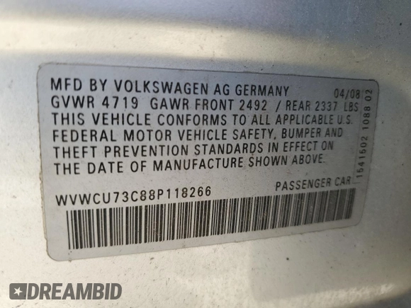 2008 Volkswagen Passat z VIN WVWCU73C88P118266, wystawiony jako Copart lot #53649095 z przebiegiem 50 217 mil mil oraz Czysty tytuł • Clean title. Historia ofert i sprzedaży dostępna na DreamBid. Obrazek 12.