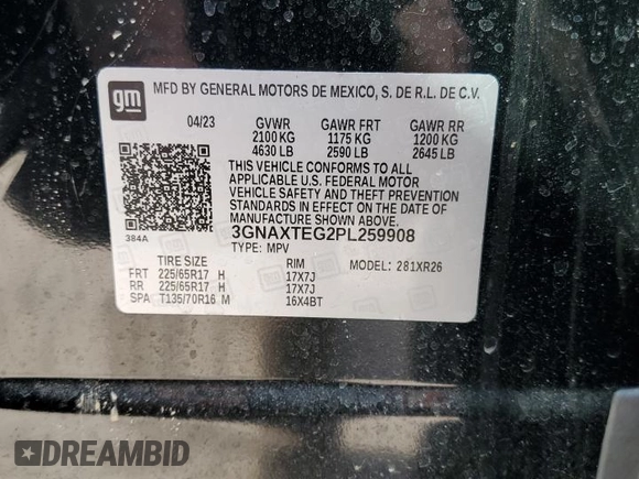 2023 Chevrolet Equinox LT with VIN 3GNAXTEG2PL259908, listed as a Copart auction lot 48531345 with 14,671 mi miles and Salvage title. Bid and sale history available at DreamBid. Image 13.
